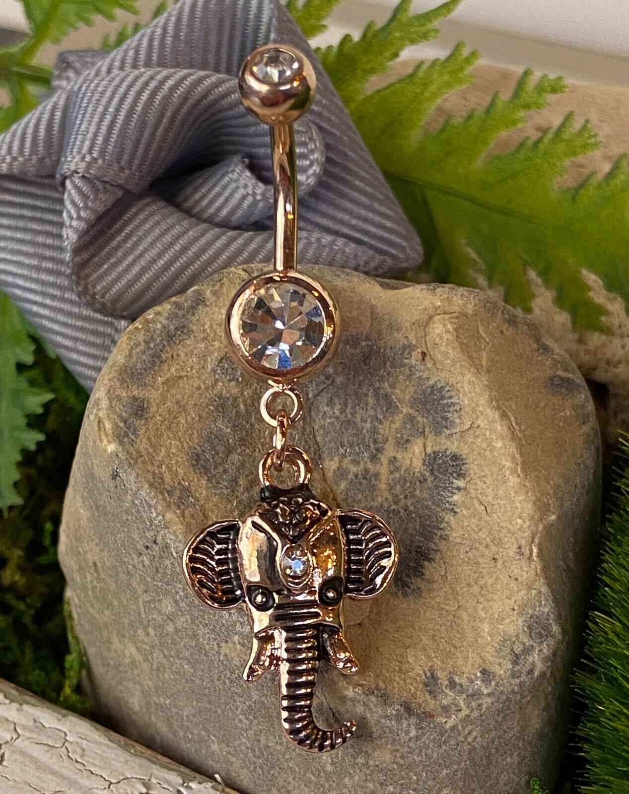 1pc Elephant Dangle Double CZ Gem Belly Ring Pierced Navel Naval