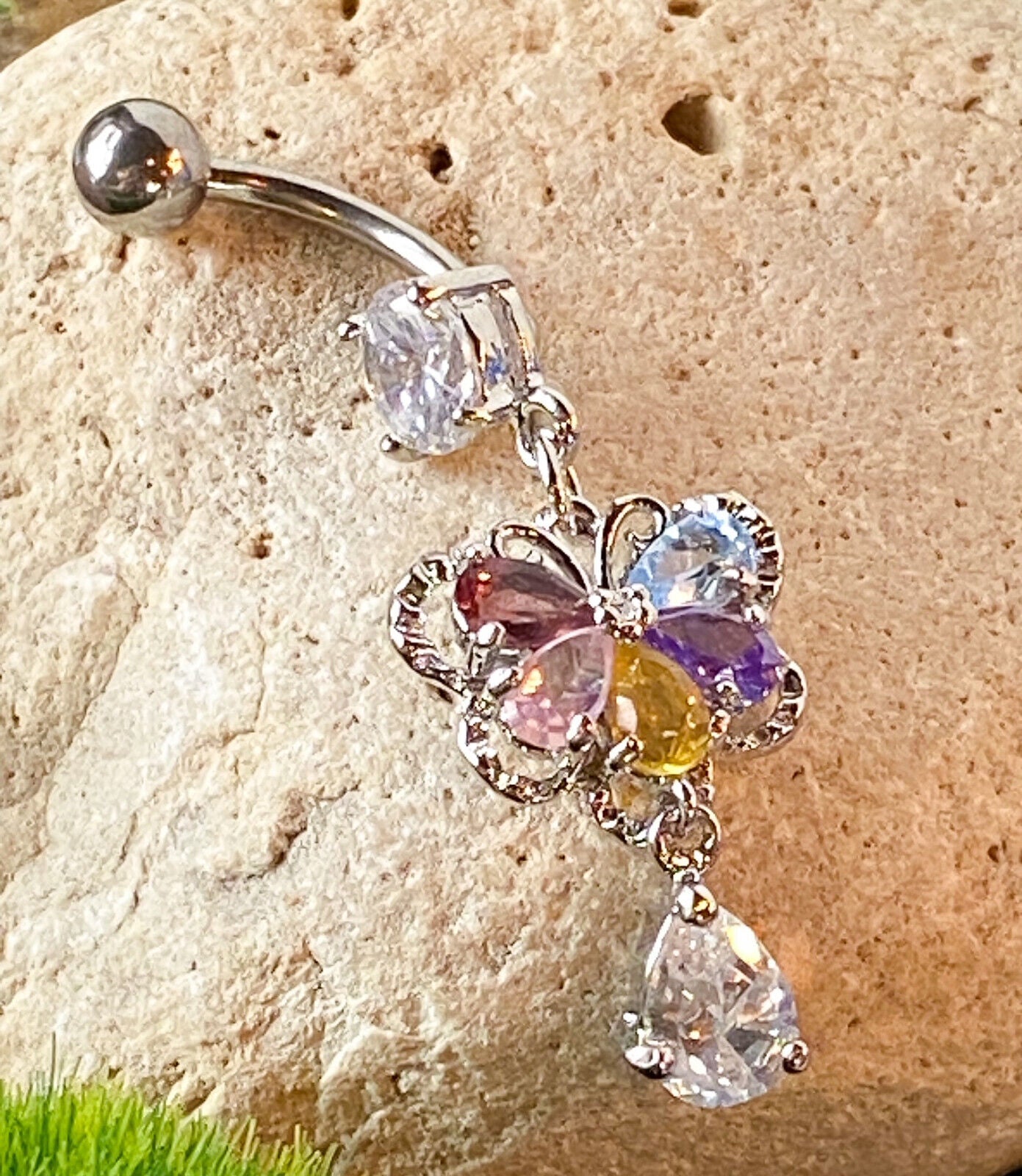 Butterfly CZ Gem Belly Ring Navel Naval Teardrop Dangle Clear, Mulitcolor
