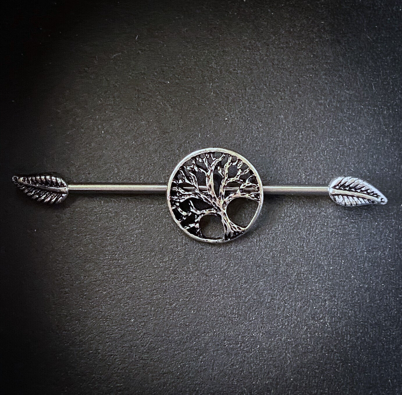 1pc Tree of Life Centered 316L Surgical Steel Industrial Barbell w/ Leaf Ends