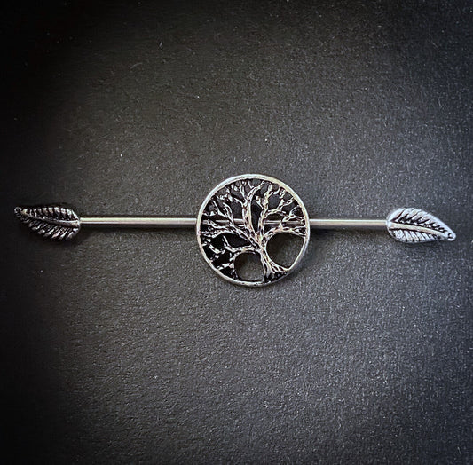 1pc Tree of Life Centered 316L Surgical Steel Industrial Barbell w/ Leaf Ends