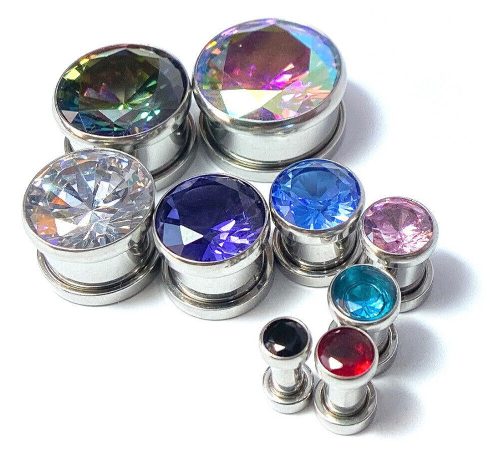 PAIR Large Aurora Borealis Gem Screw Fit Tunnel Plug Gauge Body Jewelry Piercing