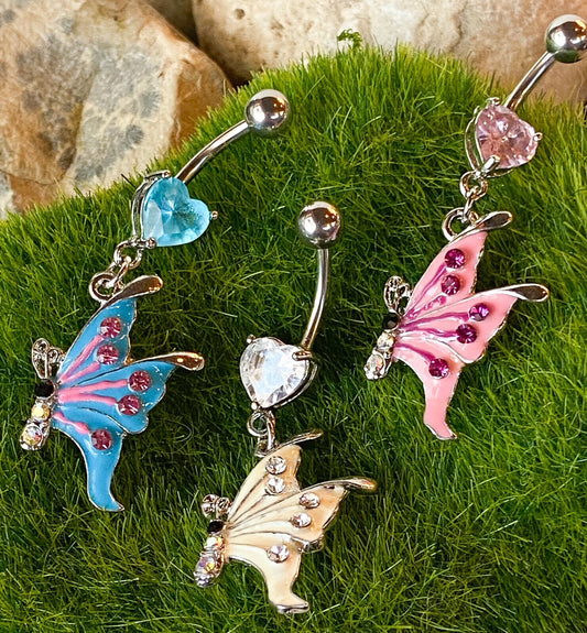 Butterfly Epoxy CZ Gem Belly Ring Navel Naval Clear/White, Pink, Aqua