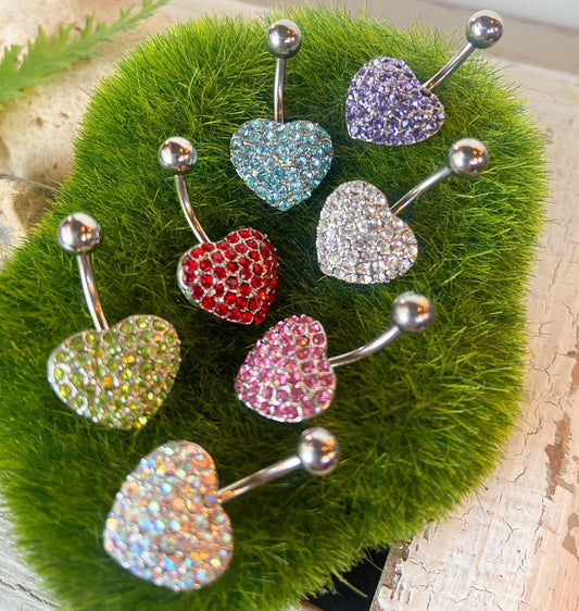 Heart Paved W/ Crystal Gems Belly Ring Navel Naval Body Jewelry