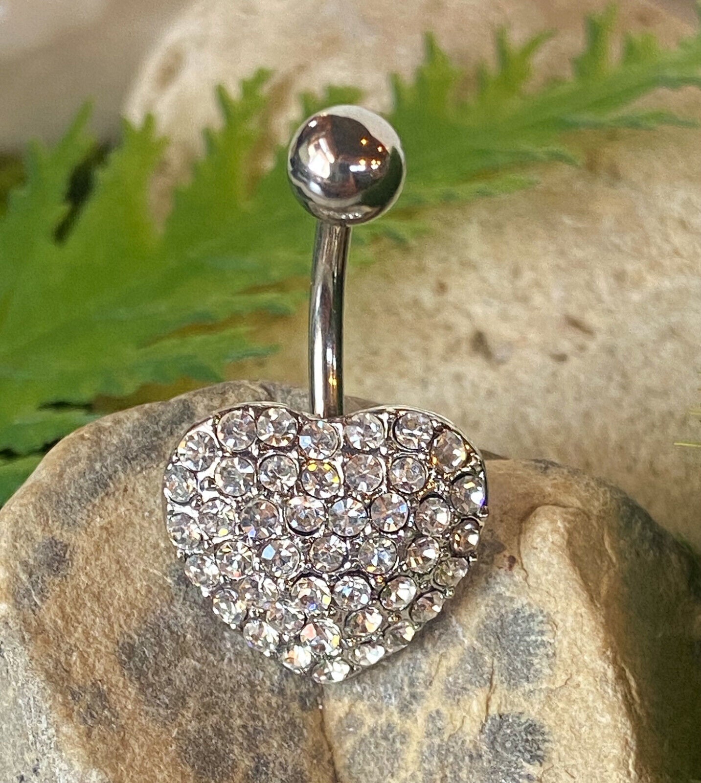 Heart Paved W/ Crystal Gems Belly Ring Navel Naval Body Jewelry