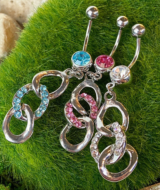 Triple Loop Belly Ring Navel CZ Gem Paved Circle Clear, Pink, Aqua