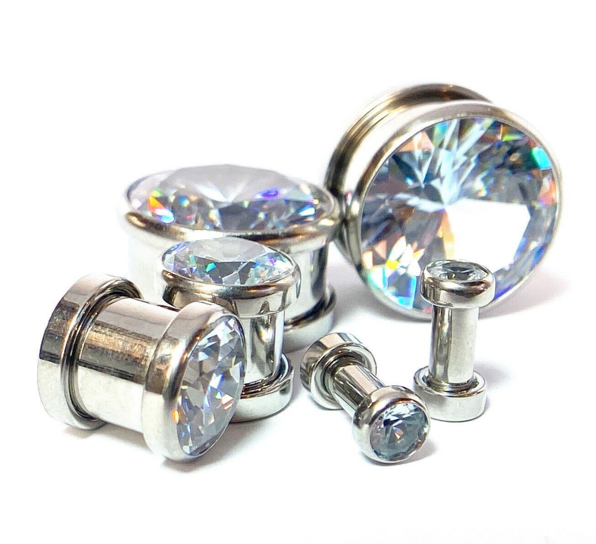 PAIR Large Gem Screw Fit Tunnels Ear Plugs Gauges Pierced Piercing Body Jewelry