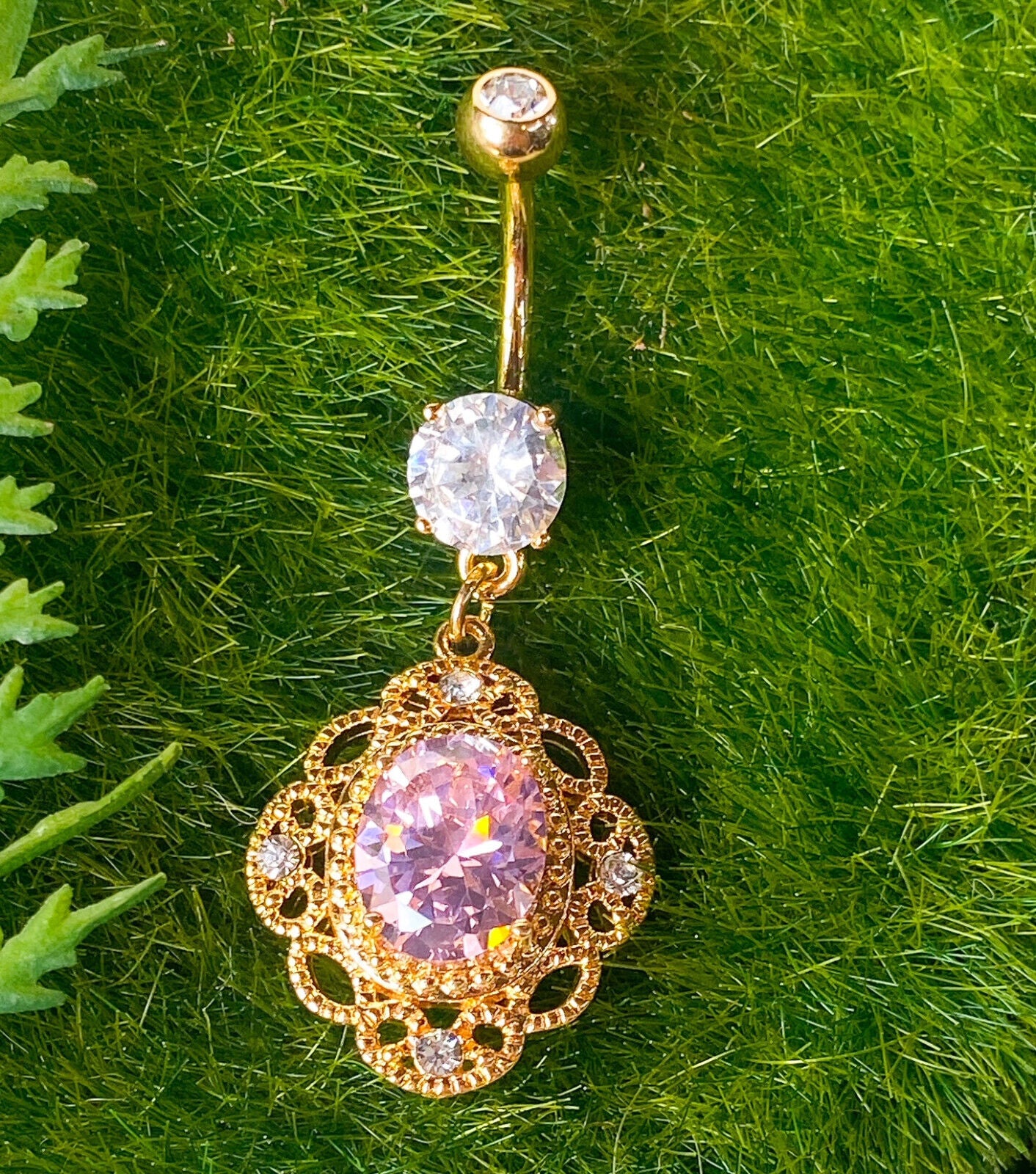 1pc Oval CZ Centered Tribal Floral Design Dangle Pierced Belly Navel Ring