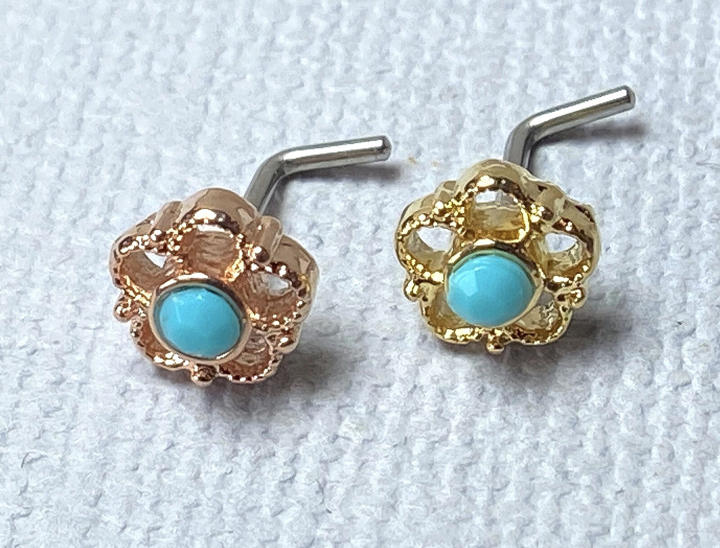 1pc Filigree Flower w/Turquoise Stone Center 20g L-Bend Nose Ring Stud Screw