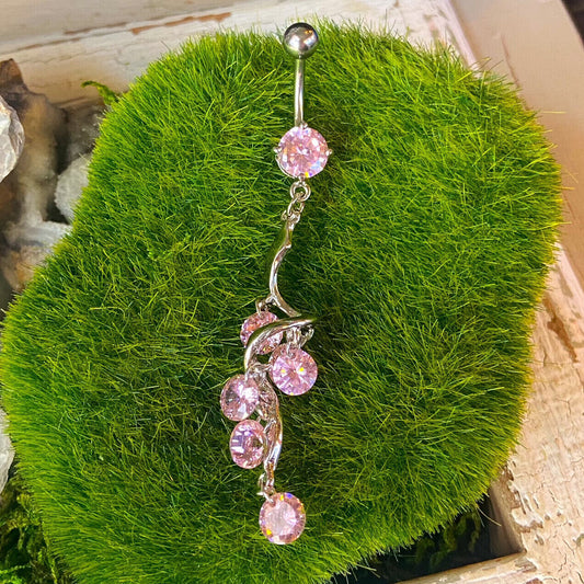 Sparkling Vine Swirl Dangle Pink CZ Gem Belly Ring Navel Naval 14g 316L Steel