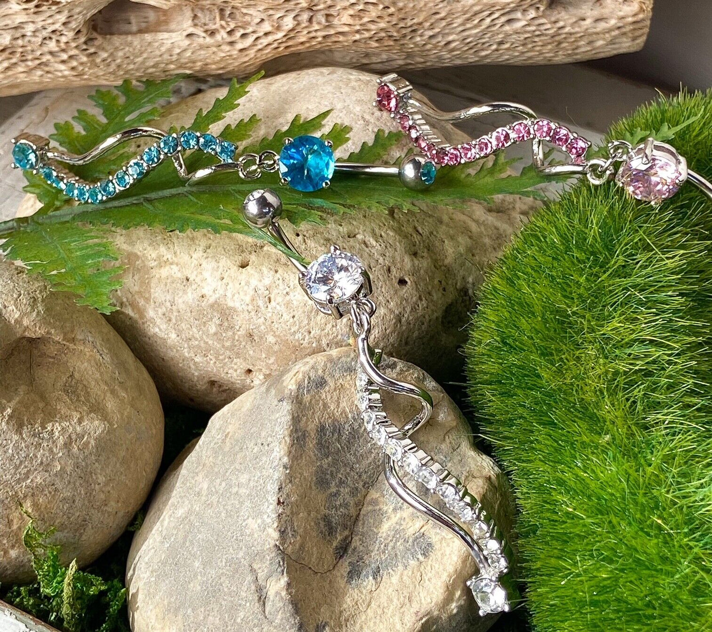 Spiral Dangle Paved CZ Gem Belly Ring Navel Naval Clear, Pink, Aqua, Purple