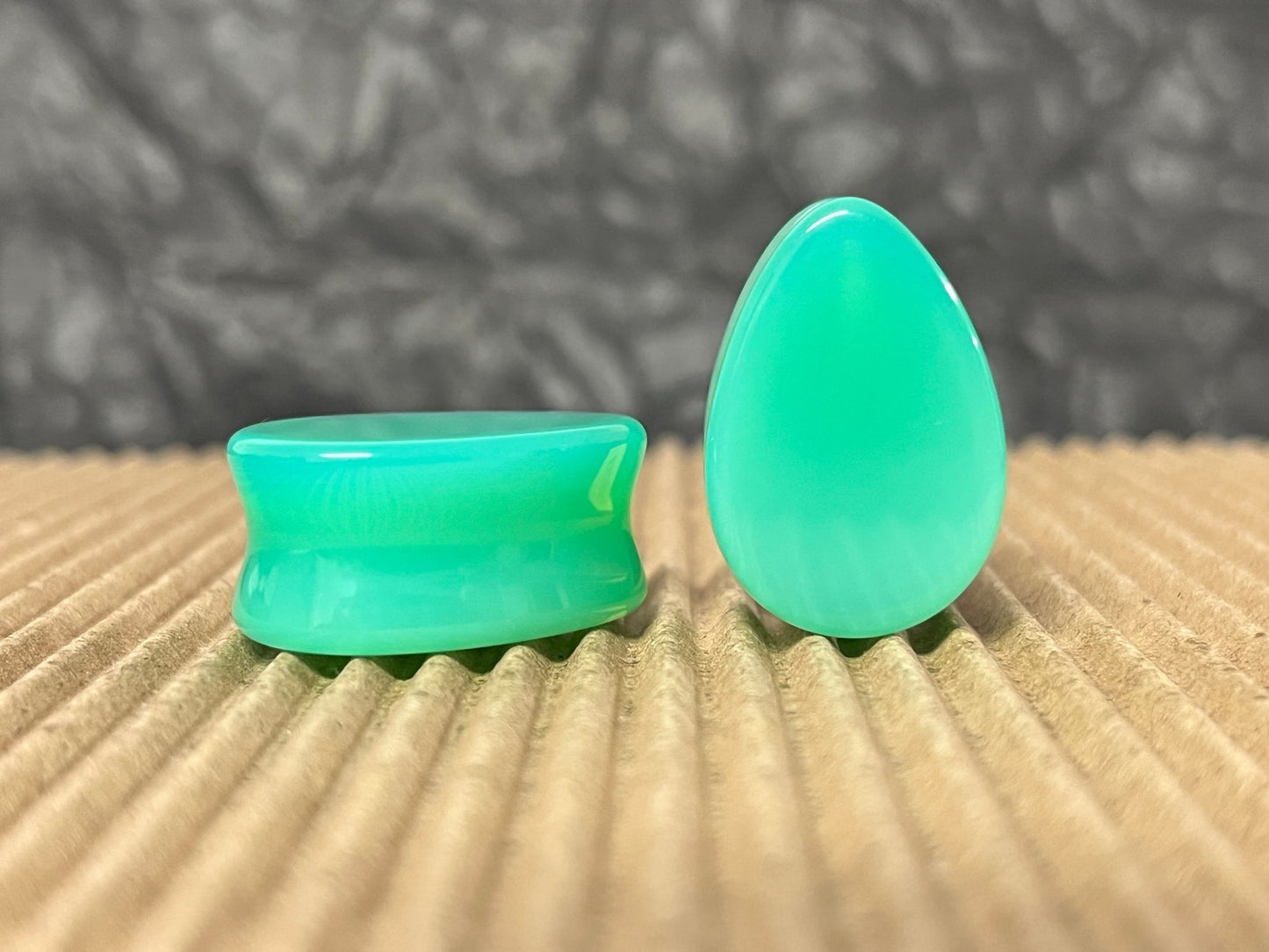 PAIR Green Opalite Teardrop Plugs Double Flare Saddle Tunnel Tear Drop Gauges