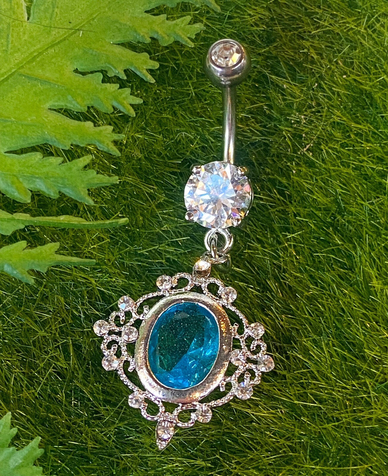 1pc Oval CZ Vintage Filigree Design Dangle Pierced Belly Navel Ring Body Jewelry