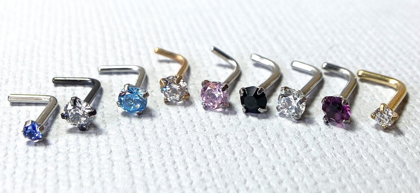 1pc Prong Set Clear CZ Gem 316L Surgical Steel L-Bend Nose Ring
