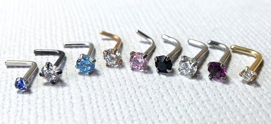 1pc Prong Set Clear CZ Gem 316L Surgical Steel L-Bend Nose Ring