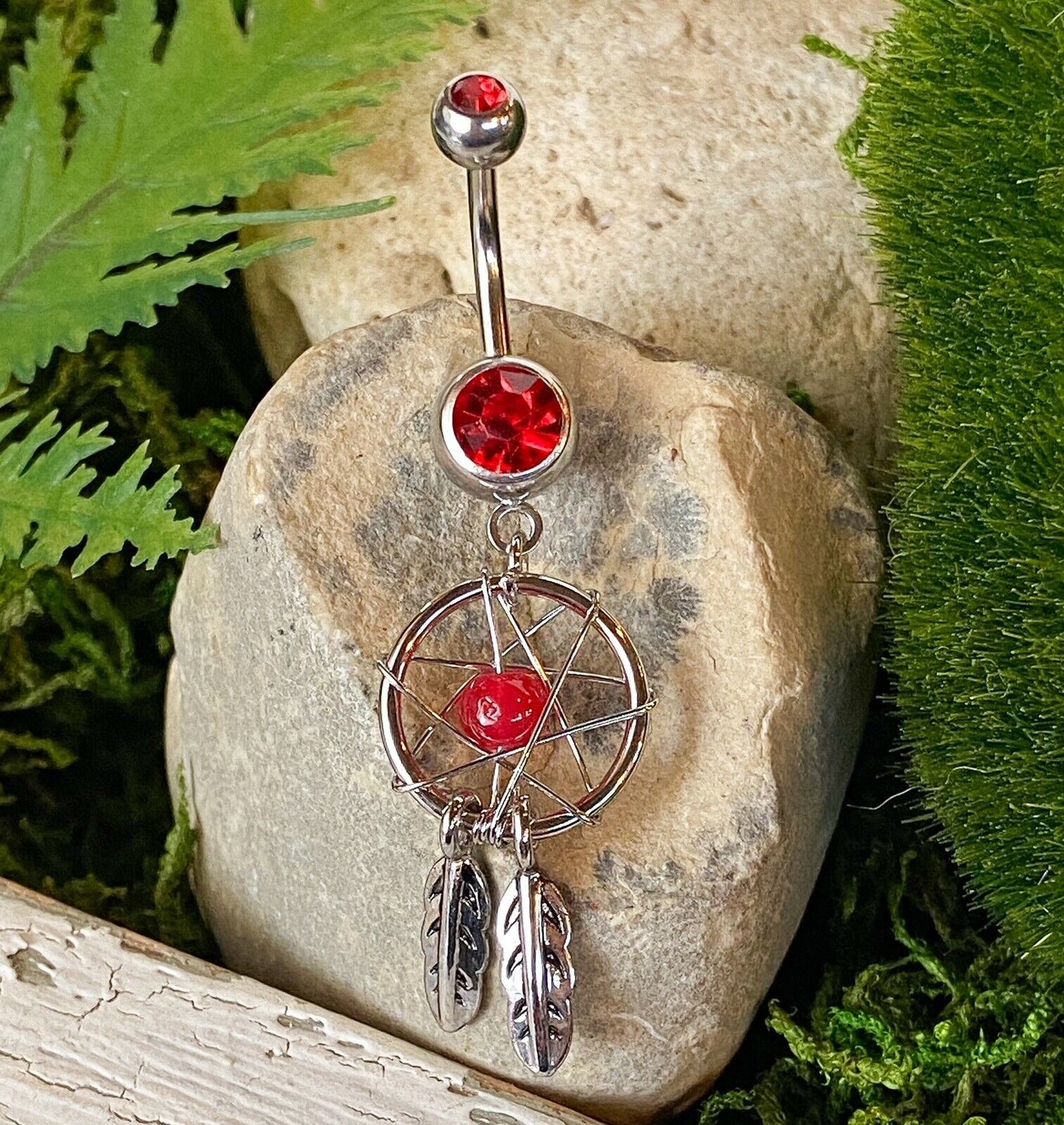 Dream Catcher Woven Star Bead Feathers Gem Belly Button Ring Navel Naval