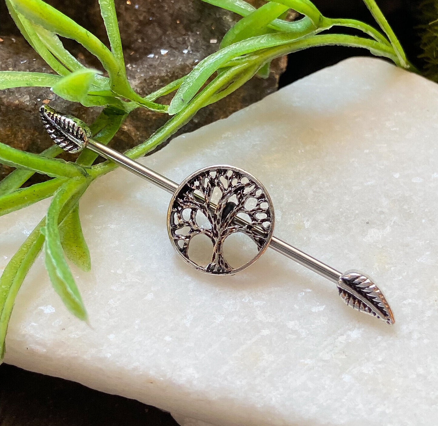 1pc Tree of Life Centered 316L Surgical Steel Industrial Barbell w/ Leaf Ends