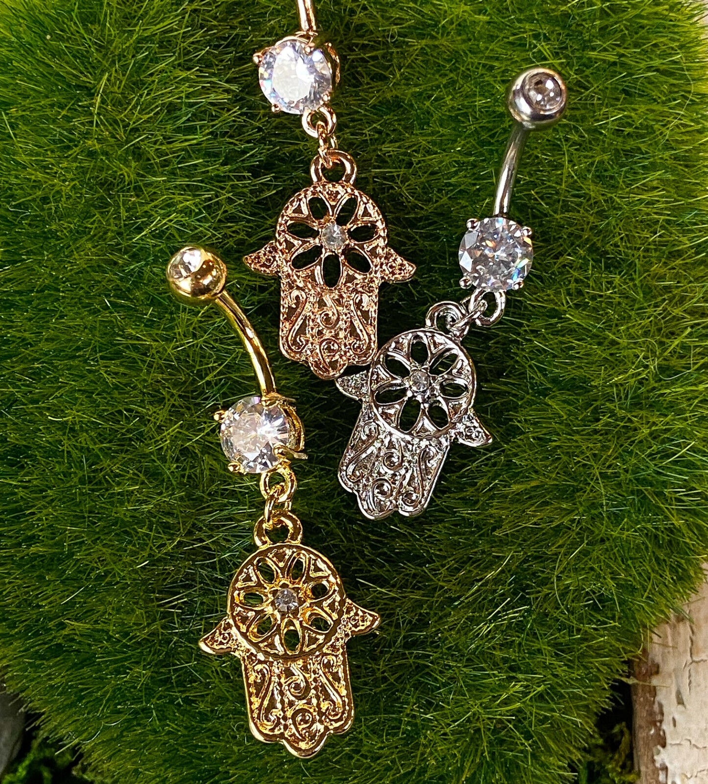 Beaded Outline Hamsa Belly Ring Gem CZ Dangle Pierced Navel Naval