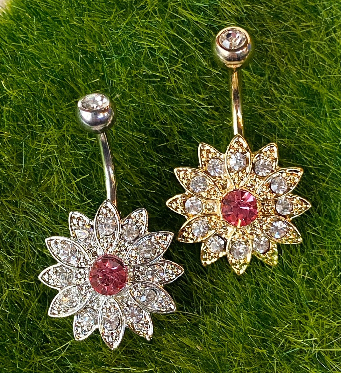 Flower w/ Center Crystal Paved Petals Belly Button Ring Pierced Navel