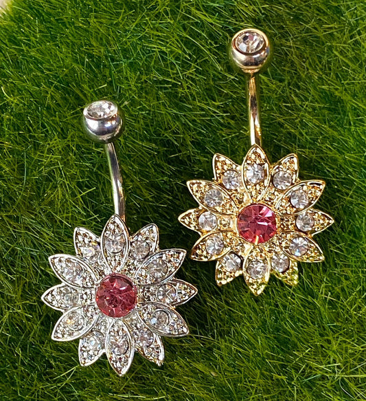 Flower w/ Center Crystal Paved Petals Belly Button Ring Pierced Navel