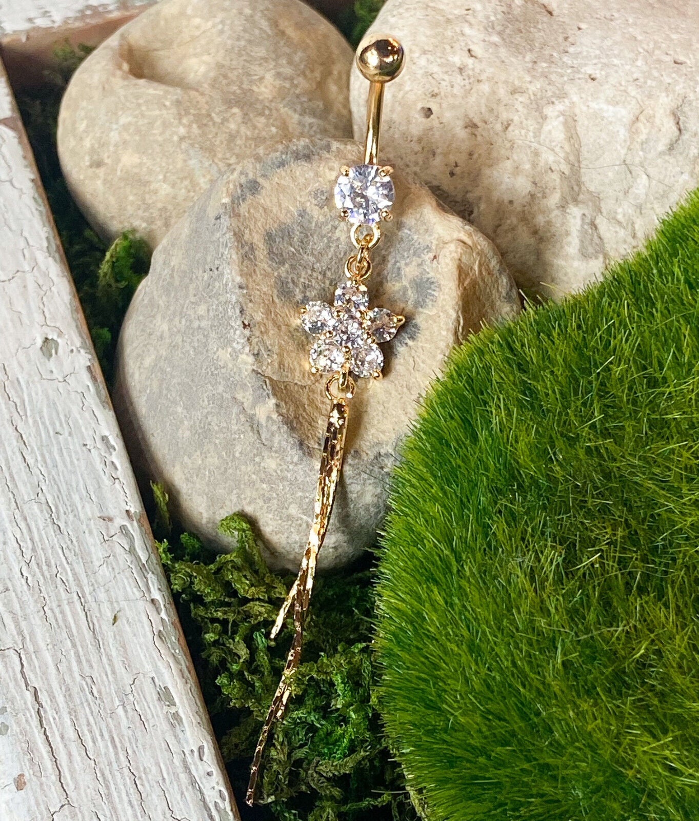 Flower Gem Chain Dangle Belly Ring Navel Naval Clear, Pink, Gold Plated Clear