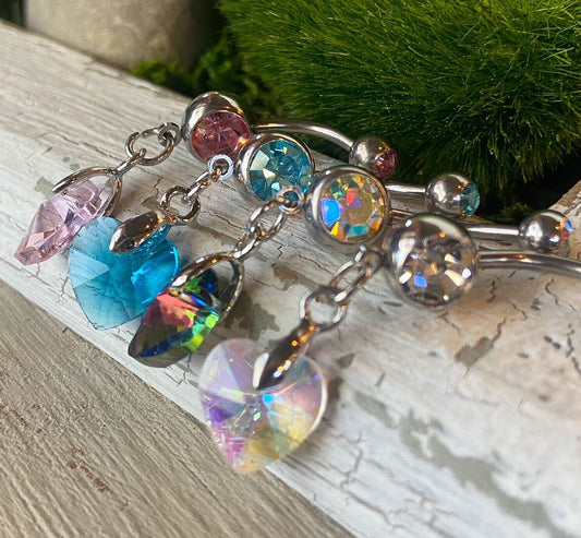 Crystal Ray Prism Heart Gem Belly Ring Navel Naval AB, Clear, Pink, Aqua