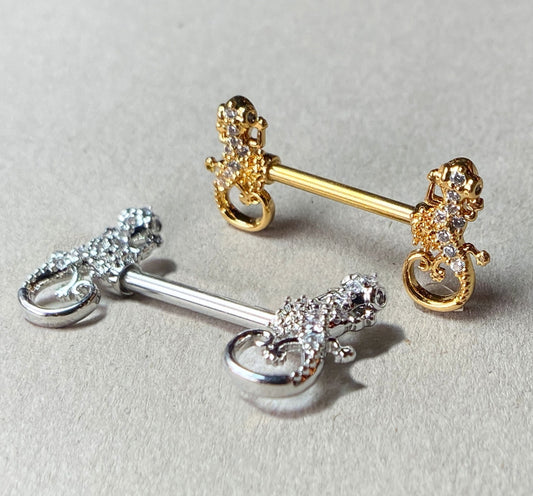 PAIR Gecko Lizard Gem Ends Nipple Rings Shields Barbells Body Jewelry