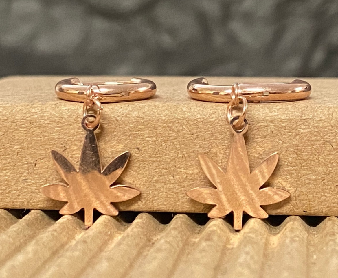 PAIR of Pot Leaf Dangle Hinged Hoop Earrings Huggies 18g 316L Stainless Steel