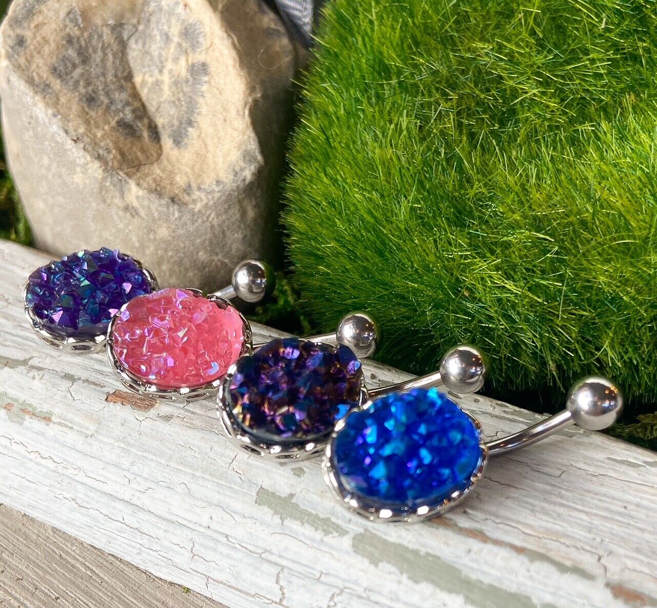 Rough Cut Druzy Stone Iridescent Navel Ring Naval Belly Button Body Jewelry