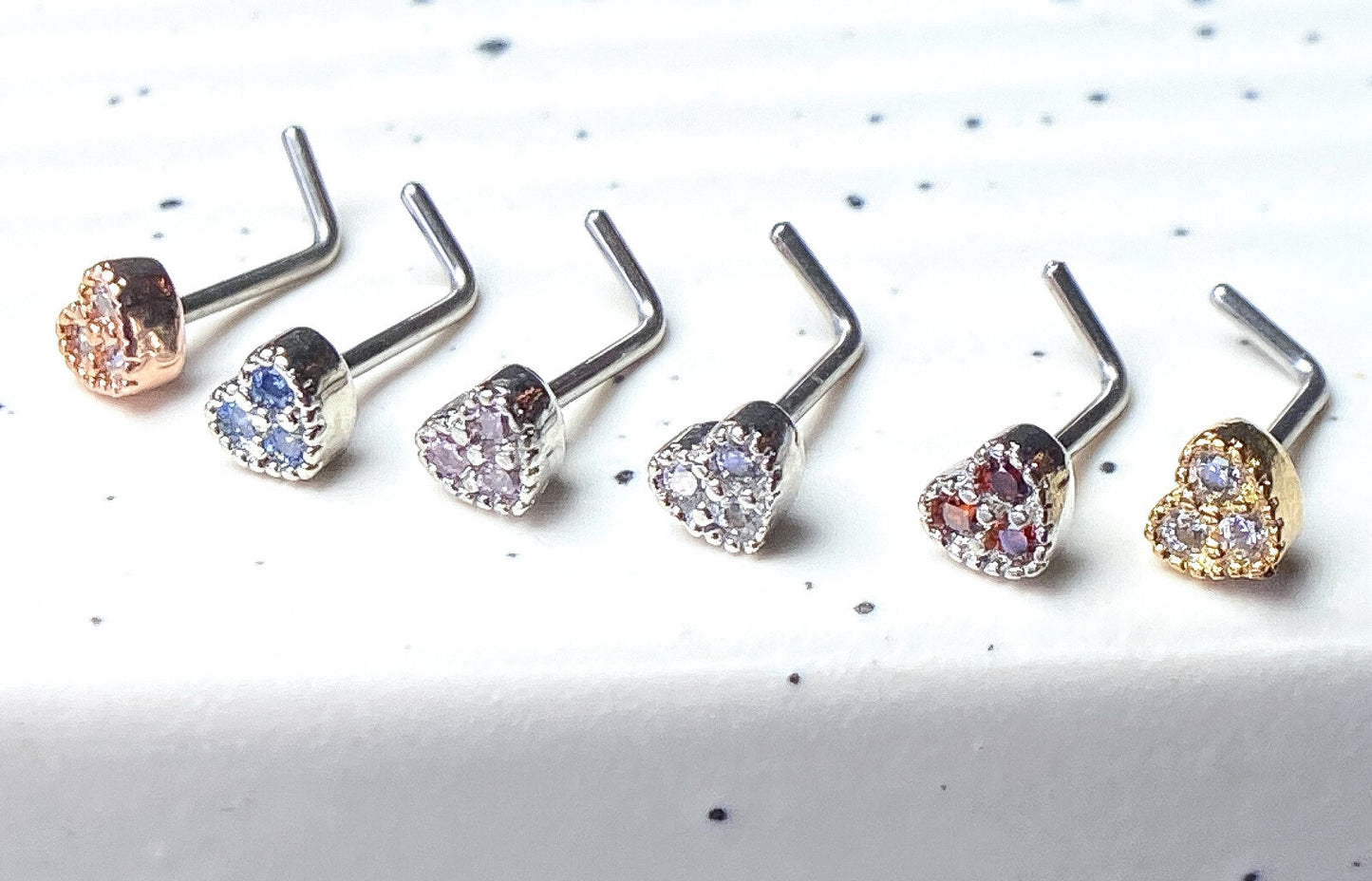 1pc CZ Gem Paved Heart L-Bend 20g Nose Ring Stud Screw 316L Surgical Steel