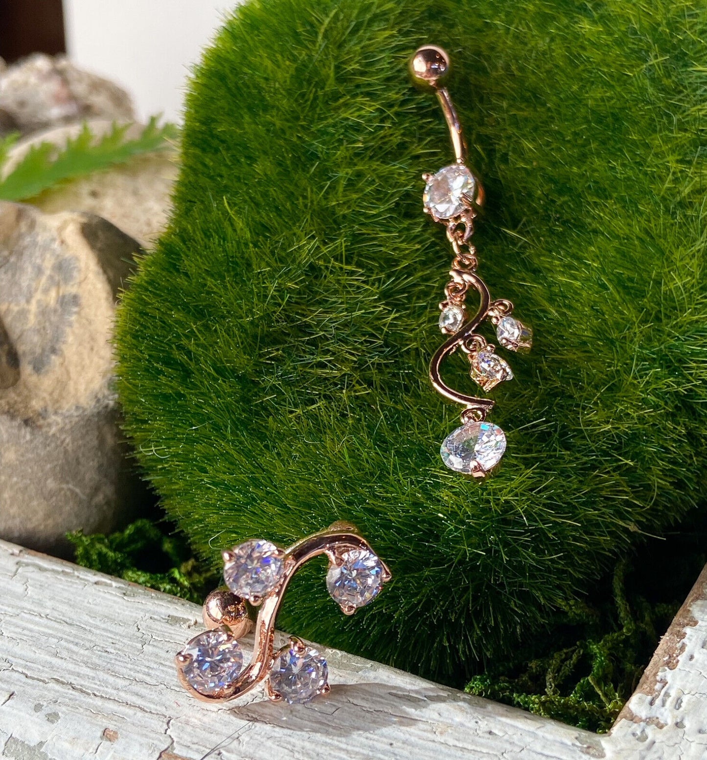 Rose Gold Plated Vine Belly Ring Pierced Navel Dangle Reverse CZ Gems