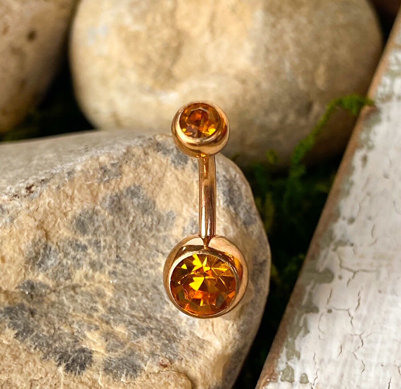 Rose Gold Plated Steel Double CZ Gem Ball Belly Ring Pierced Navel Naval