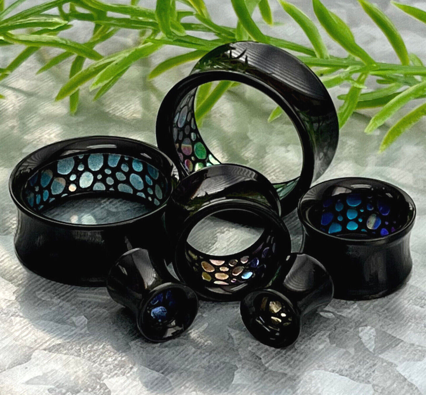 PAIR Inner Abalone-Look Pattern Inlaid Black Acrylic Saddle Tunnels Plugs Gauges