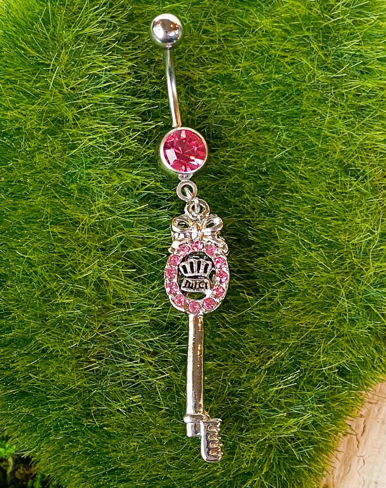 Juicy Key Dangle CZ Gem Belly Ring Navel Naval Clear, Pink, Aqua