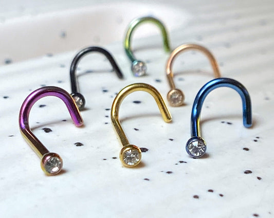 1pc Press-Fit Clear Gem Titanium Plated 316L Surgical Steel Nose Screw Ring