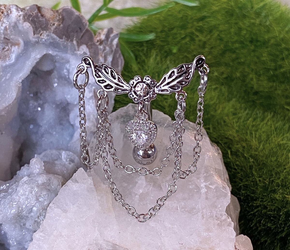 Reverse Heart Wings Clear CZ Gem Belly Ring Navel Piercing Pierced Naval Jewelry