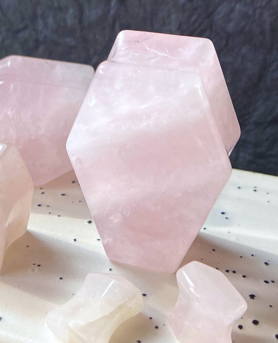 PAIR Rose Quartz Organic Stone Double Flare Coffin Shaped Plugs Gauges
