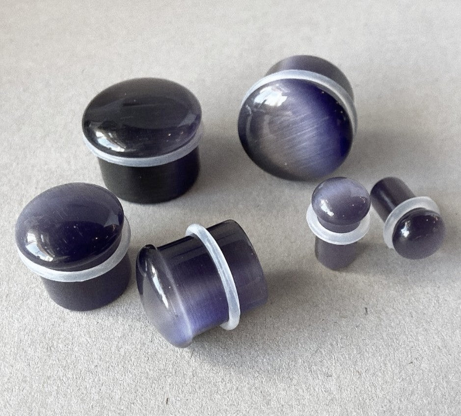 PAIR Violet Cat Eye Stone Plugs Single Flare Tunnels Earlets Gauges Body Jewelry