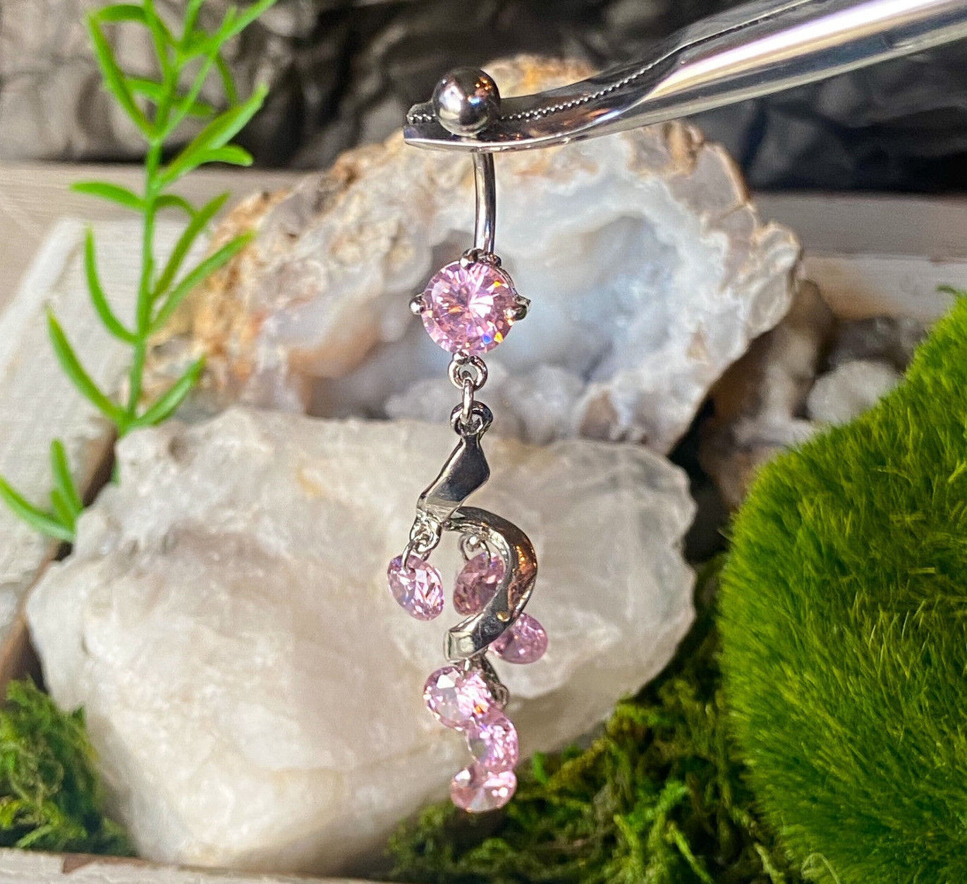 Sparkling Vine Swirl Dangle Pink CZ Gem Belly Ring Navel Naval 14g 316L Steel