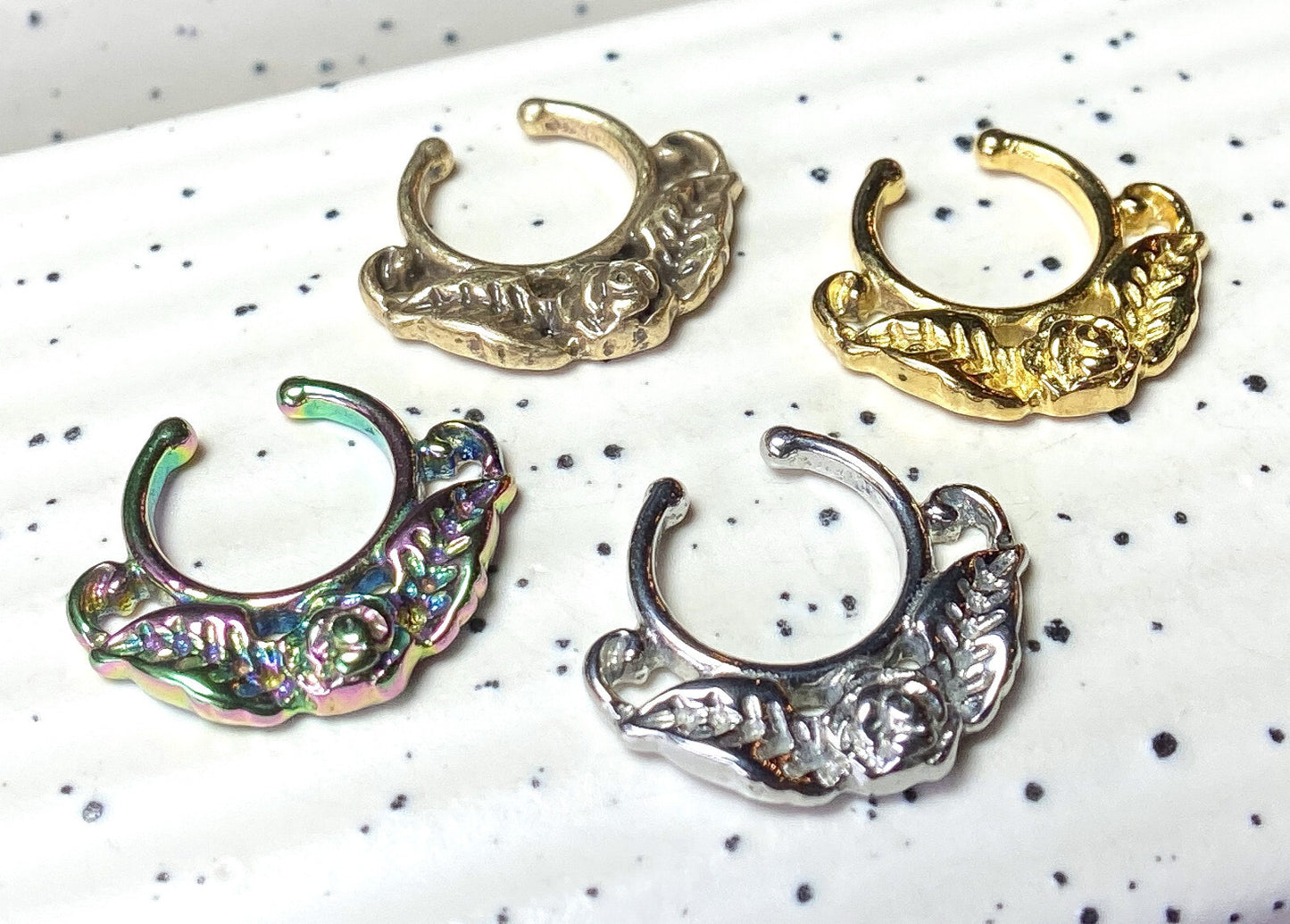 1pc 100% SURGICAL STEEL Non-Piercing Fake Septum Hanger Rose w/ Leaves Clip-on