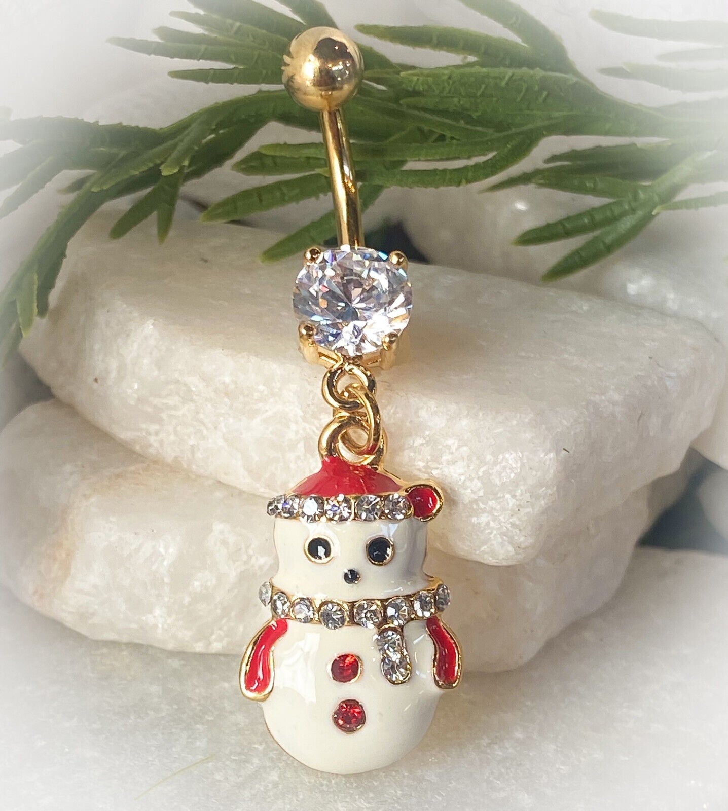 Christmas Dangle Belly Ring Pierced Navel Holiday Surgical Steel 14k Gold IP