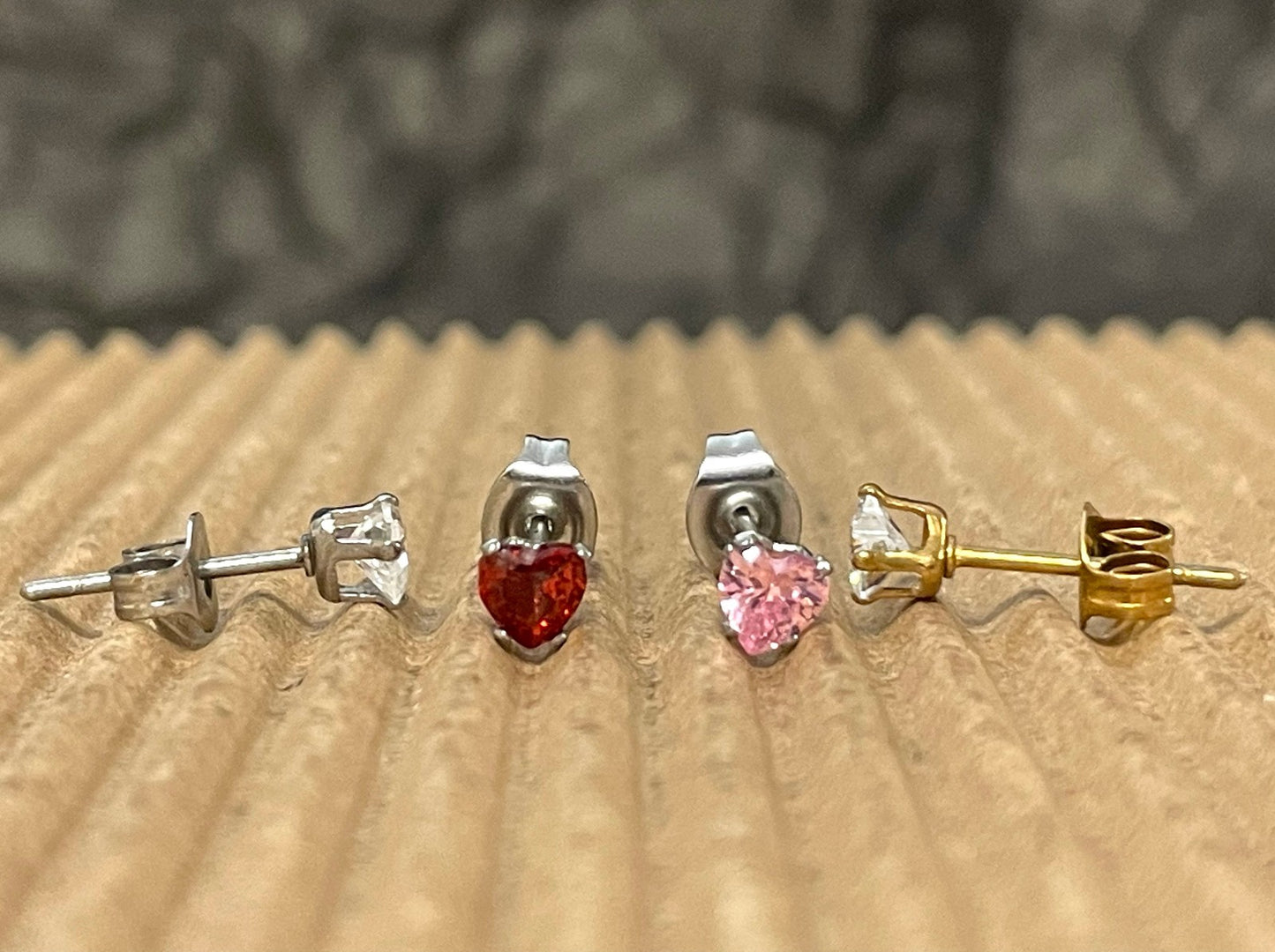 PAIR Heart CZ Gem Stud Earrings 316L Surgical Steel, choose color & gem size