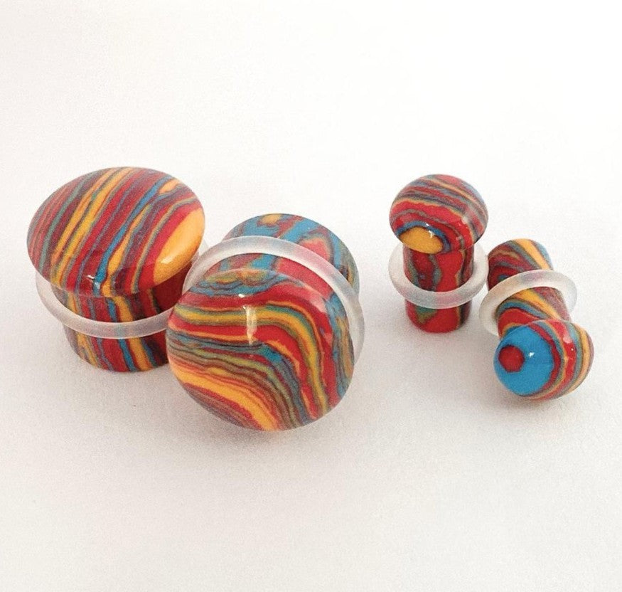 PAIR Primary Colors Tie Dye Malachite Single Flare Stone Plugs Tye Dyed Gauges