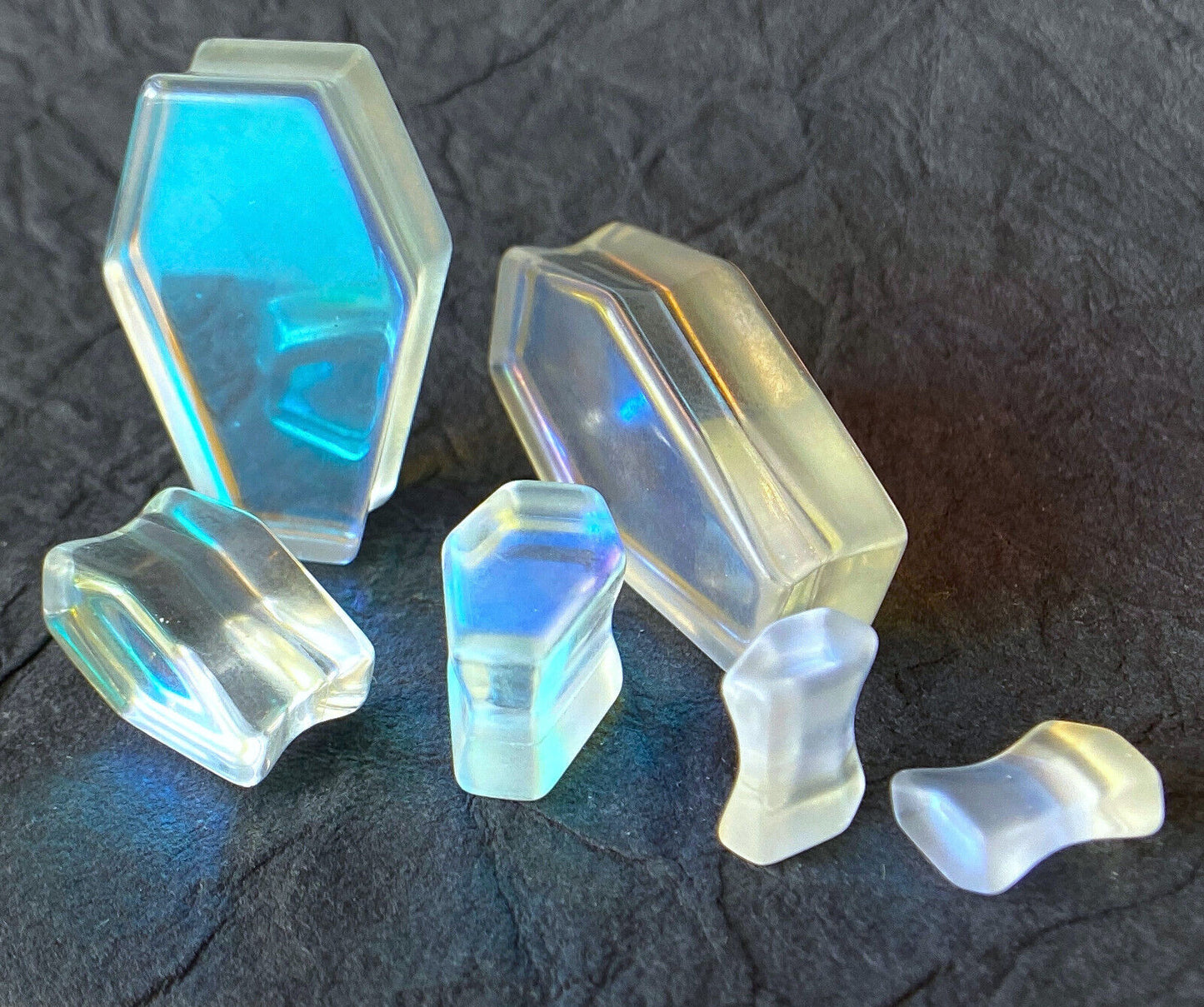 PAIR Luminous Moonstone Iridescent Glass Coffin Shaped Plugs Gauges Tunnels