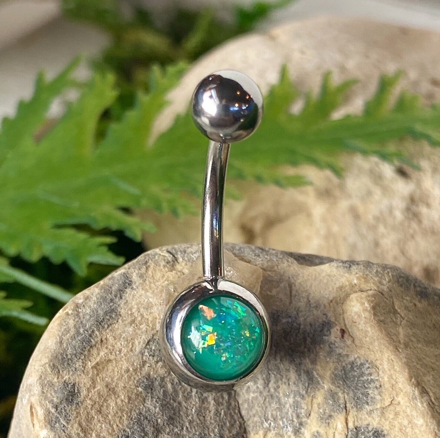 Solitaire Opal Glitter Gem Belly Ring 316L Surgical Steel Navel Naval