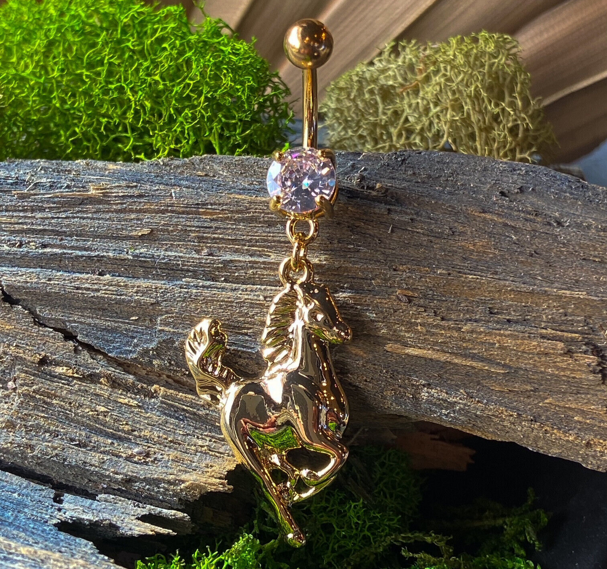 Gold Plated Horse CZ Gem Dangle Belly Ring Navel Piercing Pierced Naval Jewelry