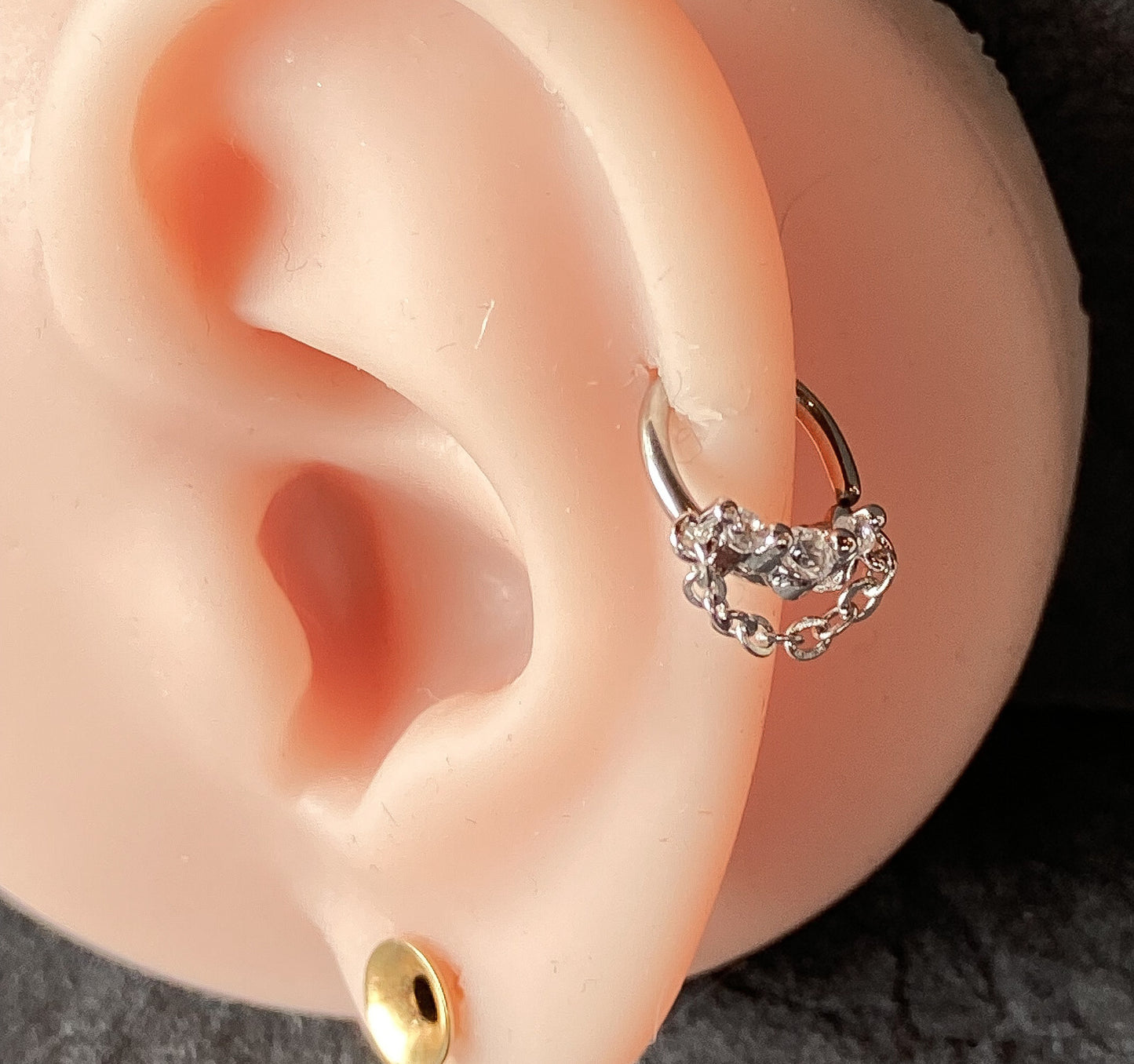 1pc 3-CZ Gems w/ Chain Bendable Hoop Ring- Nose Septum, Daith, Ear Cartilage