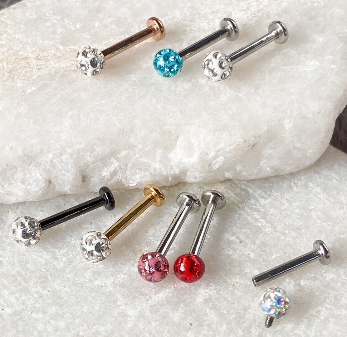 1pc Epoxy Coated Crystal Paved Ball Labret Cartilage Barbell Internally Threaded