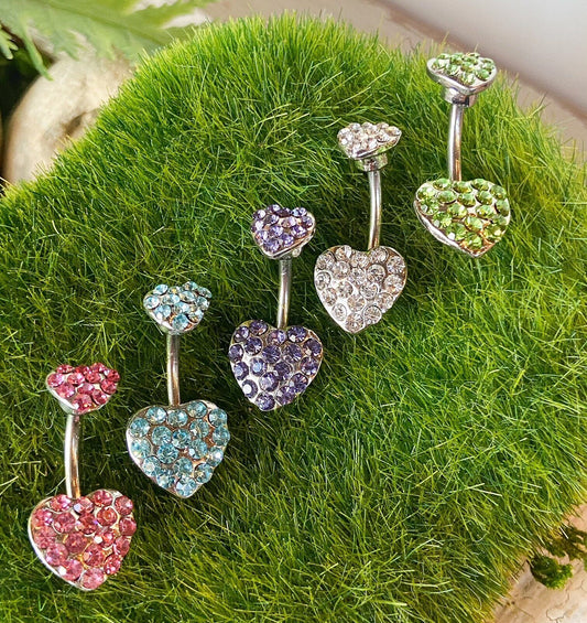 Heart Paved CZ Gem Belly Ring Navel Naval Clear, Purple, Aqua, Pink, Green