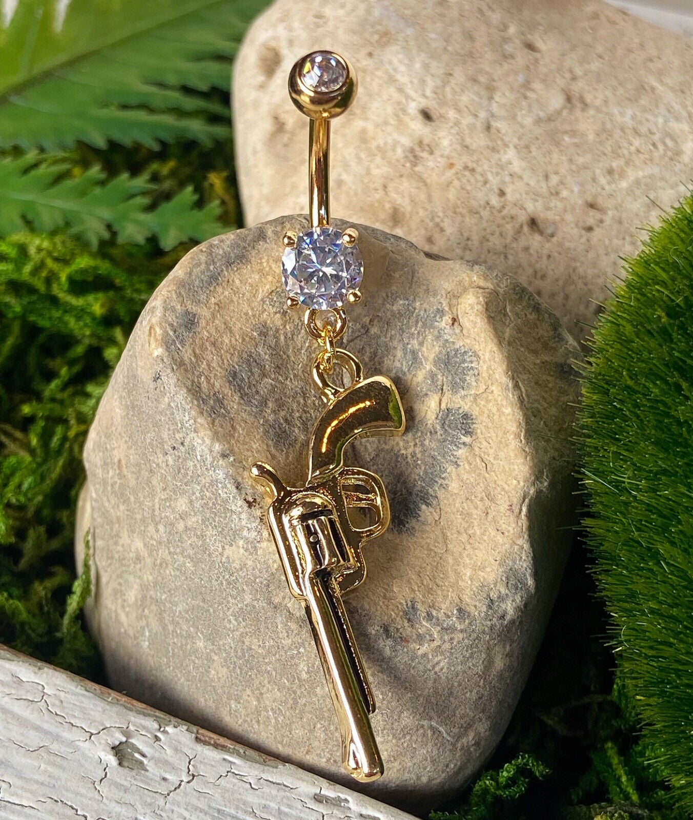 Gun Dangle Belly Ring CZ Gem Pierced Navel Stainless Steel, IP Gold, Hematite