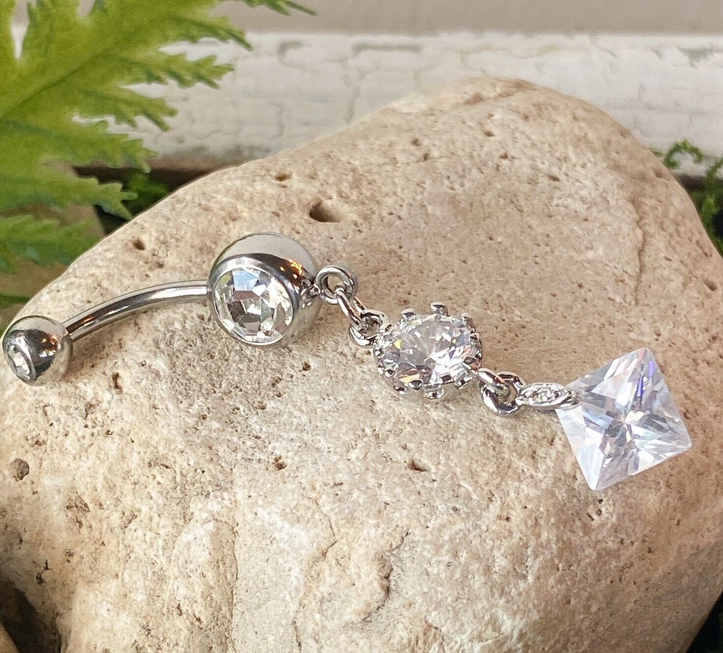Vintage Princess Cut Press Fit Gem Belly Ring Navel Clear,Green,Pink,Tanzanite